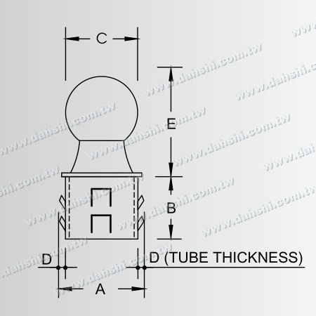 尺寸圖：不銹鋼圓管球型封口 - 出口沖齒
