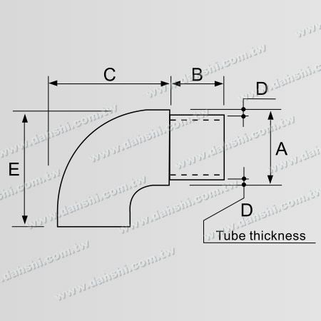 Dimensión: Codo de 90 grados para pasamanos de tubo redondo de acero inoxidable con extremo plano