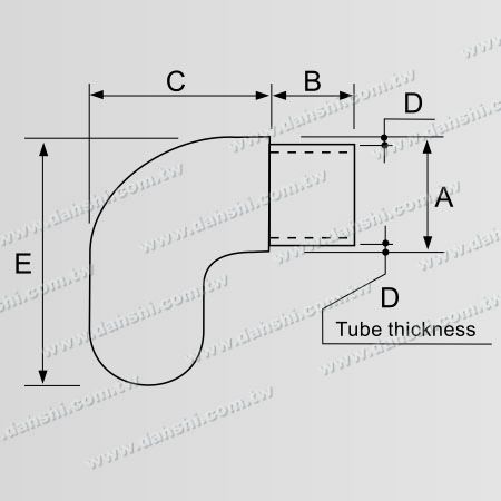 Dimensión: Codo de 90 grados para pasamanos de tubo redondo de acero inoxidable con extremo en forma de cúpula