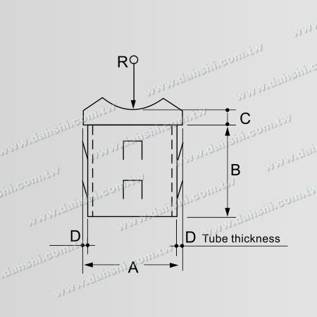 尺寸圖：不銹鋼圓管扶手與立柱馬鞍型接頭 - 出口冲齒 - 免焊接 / 可用膠固定