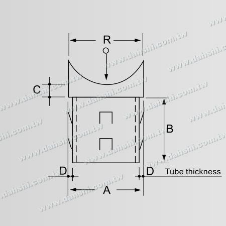 Dimensión: Conector de montaje de poste perpendicular para barandilla de tubo redondo de acero inoxidable con anillo de paso - Diseño de resorte de salida - sin soldadura / aplicable con pegamento