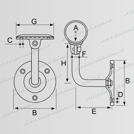 寸法:ネジ露出ブラケット - ステンレス鋼丸形手すり壁ブラケット - 角度調整可能