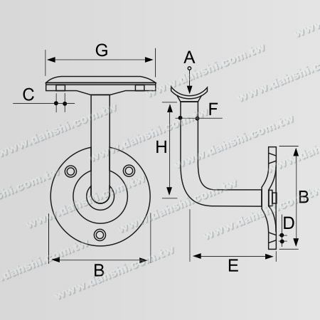 尺寸圖：螺釘外露型腳座 - 不銹鋼圓管扶手牆壁固定座 - 固定式