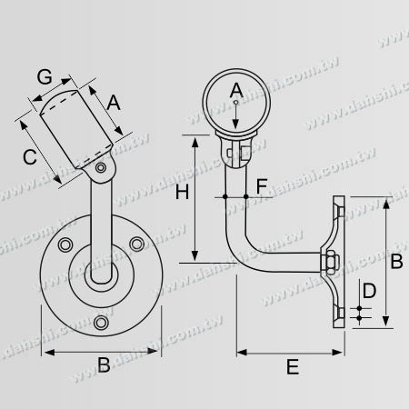 寸法:ネジ露出ブラケット - 内部丸形手すり壁ブラケット - 角度調整可能