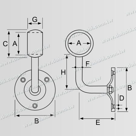 ابعاد: براکت دیواری لوله گرد داخلی دستگیره دیواری