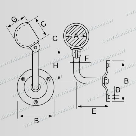 寸法:ネジ露出ブラケット - 内部丸形手すり両側壁ブラケット - 角度調整可能