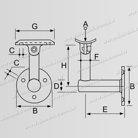 寸法:ネジ露出ブラケット - ステンレス製丸チューブ手すり壁ブラケット - 角度調整可能
