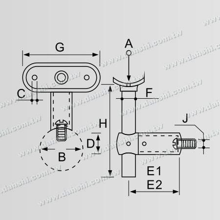 Dimensão: Suporte de parede para corrimão de tubo redondo de aço inoxidável com parafuso exposto - Altura ajustável - Ângulo fixo