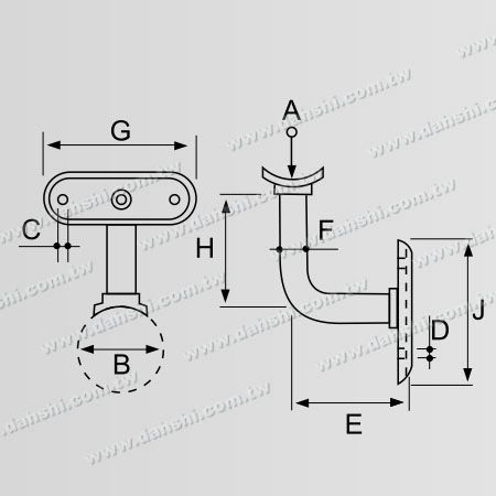 ابعاد: براکت پیچ نمایان - براکت دیواری دستگیره تیوب گرد استیل ضد زنگ - زاویه ثابت