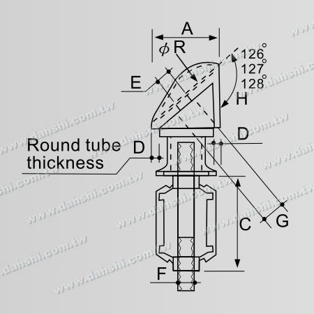 Dimension : Connecteur de poteau perpendiculaire pour main courante en tube rond en acier inoxydable, capuchon externe à 127 degrés avec cage d'expansion