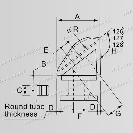Dimension : Connecteur de poteau perpendiculaire pour main courante en tube rond en acier inoxydable, capuchon externe à 127 degrés