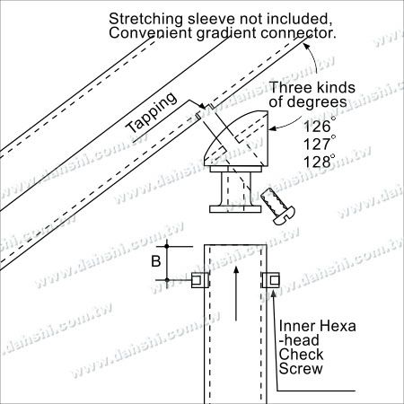 取り付け図：水平手すりにタッピングし、コネクタアクセサリーと手すりをネジで固定し、垂直ポストの上部にも2つのスレッドをタッピングして、コネクタアクセサリーとポストを固定します。