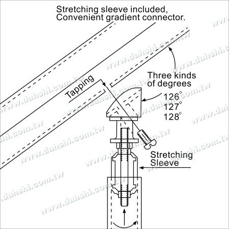 Namestitev diagrama: Tapkanje vodoravnega ročaja, tesno privijte dvojne vijake za obešanje in ročaj s vijaki, pravilno nastavite razširitev, da se drgne ob steno cevi, vstavite okroglo cev in poskrbite, da je drgnjenje dovolj tesno, nato pritrdite vijak za obešanje in stebriček.