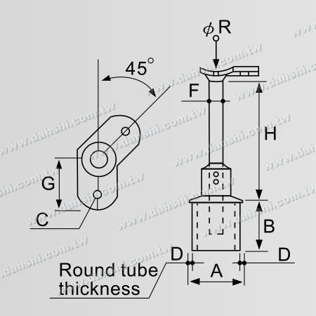 Dimensión: Conector de poste perpendicular de barandilla de tubo redondo de acero inoxidable, reductor de 45 grados, altura ajustable plana