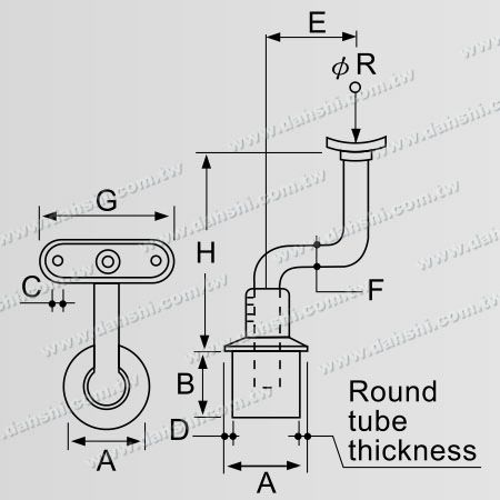 Dimensión: Reductor de poste S para barandilla de tubo redondo de acero inoxidable con conector de poste perpendicular y altura ajustable