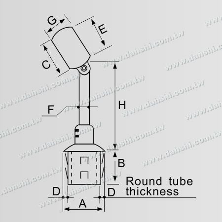 Dimensão: Conector ajustável de suporte de poste perpendicular para corrimão de tubo redondo de aço inoxidável - Através do anel ajustável em altura - Design de mola de saída - Sem solda / aplicável com cola