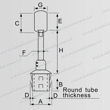 尺寸图：不锈钢圆管扶手与立柱平台套管式接头- 高度可微调- 出口冲齿- 免焊接/ 可用胶固定