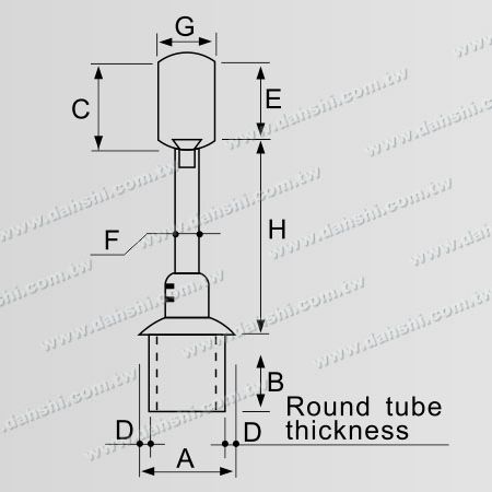 尺寸图：不锈钢圆管扶手与立柱平台套管式接头- 高度可微调