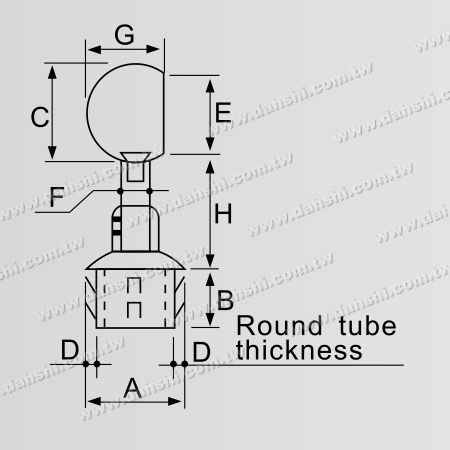 Dimensión: Conector de poste perpendicular de tubo redondo de acero inoxidable para barandilla - Anillo de cierre ajustable en altura - Diseño de resorte de salida - Sin soldadura / aplicable con pegamento