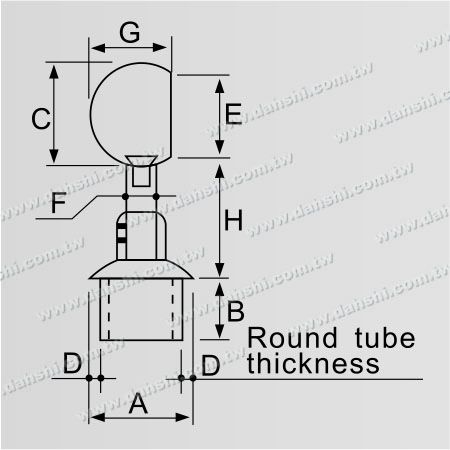Dimension : Connecteur de poteau perpendiculaire en tube rond en acier inoxydable pour main courante avec anneau fermé réglable en hauteur