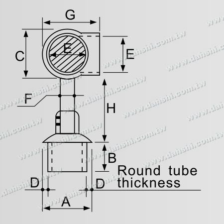 尺寸图：不锈钢圆管扶手与立柱平台套管式90度接头- 高度可微调