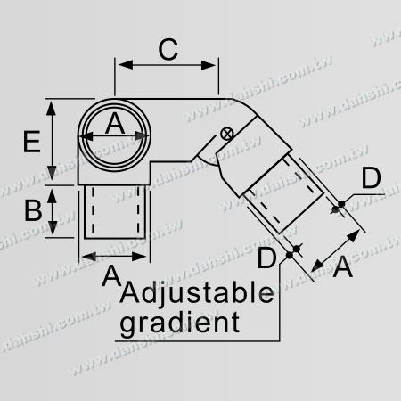 Dimensión: Conector de esquina de acero inoxidable para tubo redondo de escalera interno, de 3 vías, ángulo ajustable hacia afuera, izquierdo