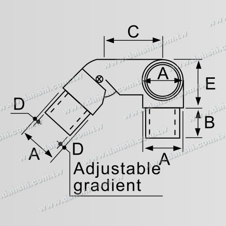 Dimensión: Conector de esquina de escalera interna de tubo redondo de acero inoxidable de 3 vías, ángulo derecho ajustable
