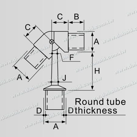 Dimensi:Tiang Pegangan Tabung Bulat Stainless Steel Perpendicular Post Konektor yang Dapat Disesuaikan Dukungan Tipe Pipa Pemasangan Eksternal