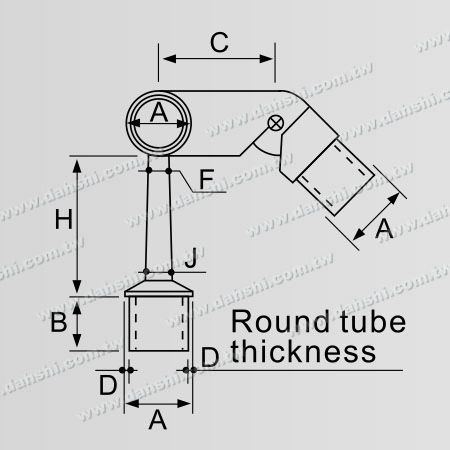 Dimensión: Conector ajustable de poste perpendicular de pasamanos de tubo redondo de acero inoxidable, tipo de tubería de soporte, ajuste externo, lado izquierdo