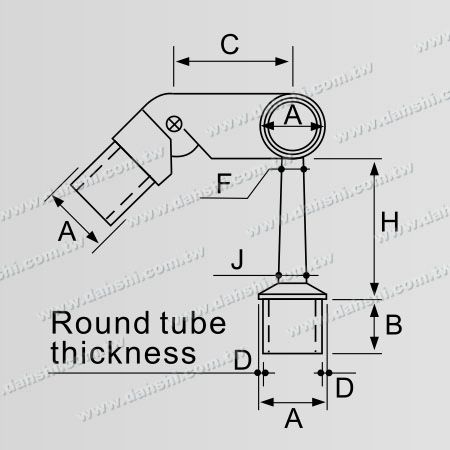 Dimension: Connecteur de support réglable pour poteau perpendiculaire de main courante en tube rond en acier inoxydable, type de tuyau, ajustement externe, côté droit