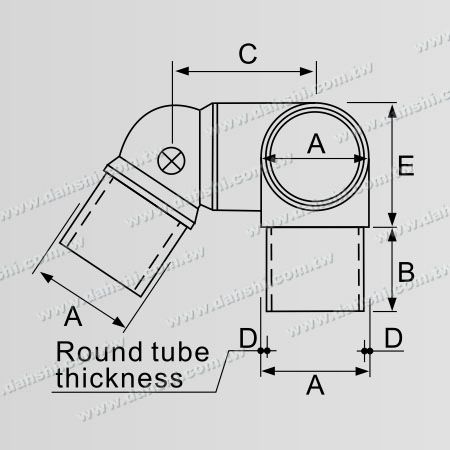 Dimenzija: Notranji vogalni konektor stopniščnega vogala iz nerjavečega jekla okrogle cevi, 3 izhodi, nastavljiv desni kot