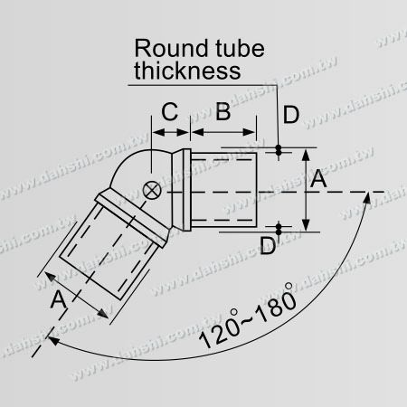 Dimension : Coude interne réglable d'angle de tube rond en acier inoxydable