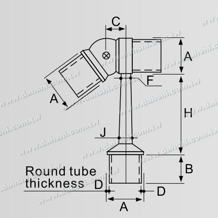 Dimensão: Conector de suporte tipo bola para poste perpendicular de corrimão de tubo redondo de aço inoxidável - Encaixe externo com haste trapezoidal