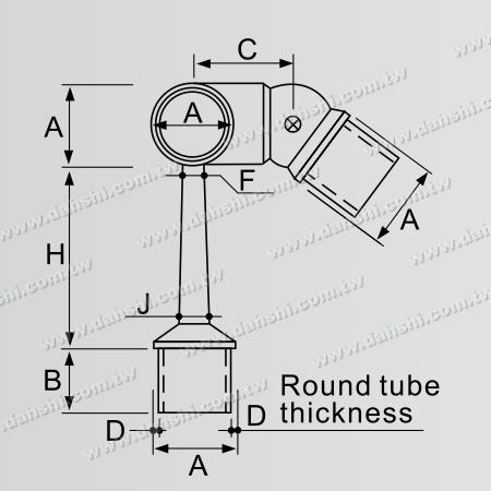 Dimenzija: Povezovalnik nastavljivega podpornega krogle za zunanje prileganje trapezoidnega stebla za okroglo cevno ograjo iz nerjavečega jekla, ki je pritrjena na navpični stebriček na levi strani