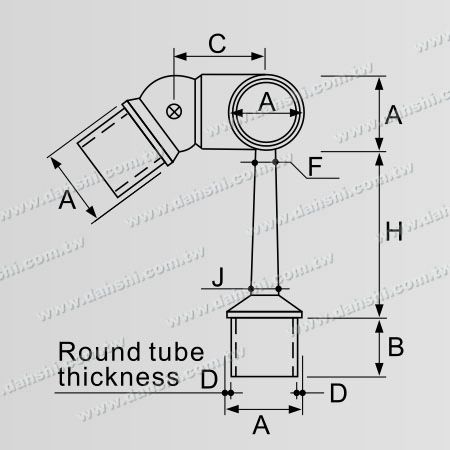 Dimension: Connecteur de support réglable pour poteau perpendiculaire de main courante en tube rond en acier inoxydable, type de balle, ajustement externe, tige trapézoïdale côté droit