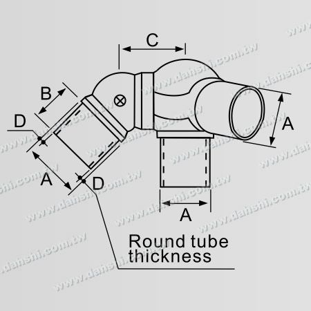 Dimenzija: Notranji vogalni konektor stopniščnega vogala iz nerjavečega jekla okrogle cevi, 3 izhodi, nastavljiv kot