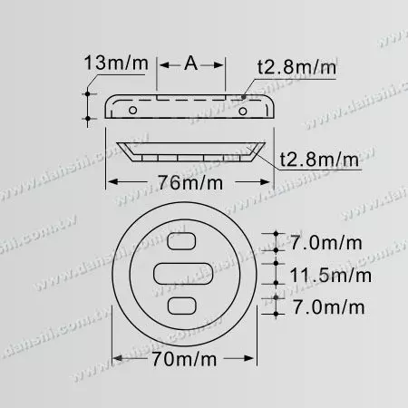 Dimensión: Placa base de tubo redondo de acero inoxidable con cubierta - Tornillo invisible