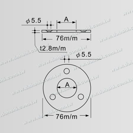 尺寸圖：不銹鋼圓管簡易型底盤固定座 - 螺釘外露式