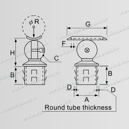 Dimensão:Conector de Suporte Ajustável de Poste Perpendicular de Corrimão de Tubo Redondo de Aço Inoxidável com Ajuste Interno Arredondado - Design de mola de saída - sem solda/cola aplicável