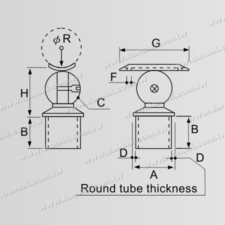 尺寸圖：不銹鋼圓管扶手與立柱免銲圓管套外式樓梯活動接頭