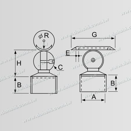 Dimensione: Connettore di supporto regolabile per corrimano in acciaio inossidabile per tubo rotondo - Montaggio perpendicolare al palo - Montaggio esterno con raggio