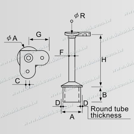 Dimensione: Connettore di supporto per montante perpendicolare in acciaio inossidabile per tubo rotondo corrimano