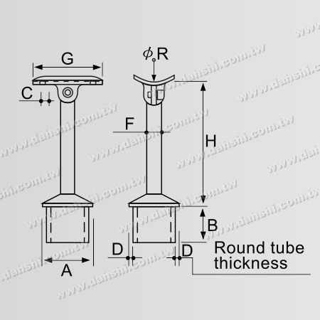 Dimensão: Conector de suporte ajustável em ângulo para poste perpendicular de corrimão de tubo redondo de aço inoxidável
