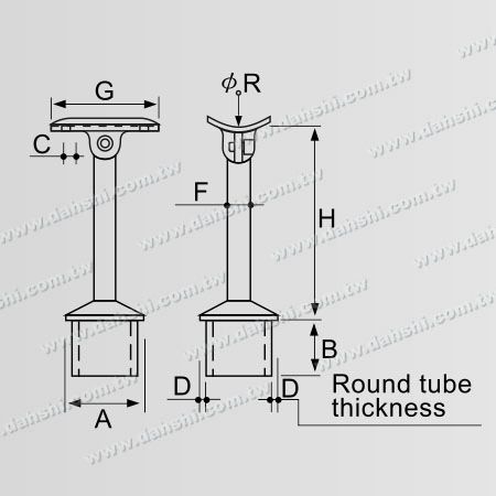 Dimensão:Conector de Suporte Ajustável de Poste Perpendicular de Corrimão de Tubo Redondo de Aço Inoxidável em Ângulo