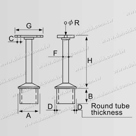 Dimensión: Conector de soporte de poste perpendicular para barandilla de tubo cuadrado y rectangular de acero inoxidable