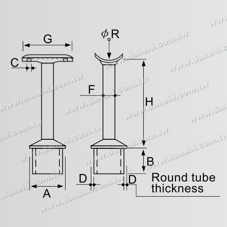 尺寸圖：不銹鋼圓管扶手與立柱平台支撐接頭
