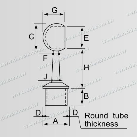尺寸圖：不銹鋼圓管扶手與立柱平台套管式斜圓條頭尾接頭