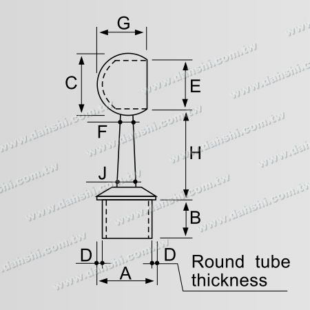 Dimension : Connecteur de poteau perpendiculaire pour main courante en tube rond en acier inoxydable avec anneau fermé et tige trapézoïdale