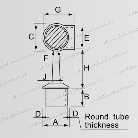 Dimension : Connecteur de poteau perpendiculaire en tube rond en acier inoxydable pour main courante avec anneau de coin à 90 degrés