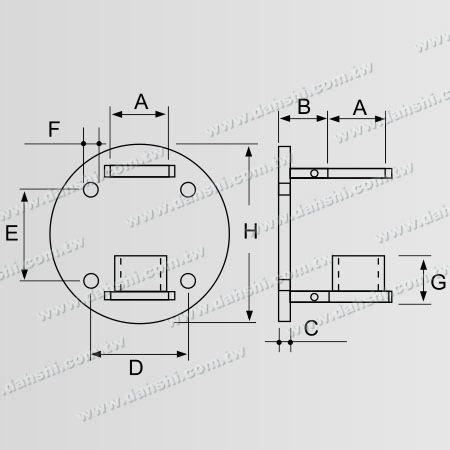 Dimension: Support de main courante en acier inoxydable pour tube rond - Extrémité plate